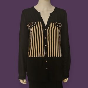 Vtg UNO CORE 1990s Black and Tan Striped Studded Chiffon Button Down Blouse
